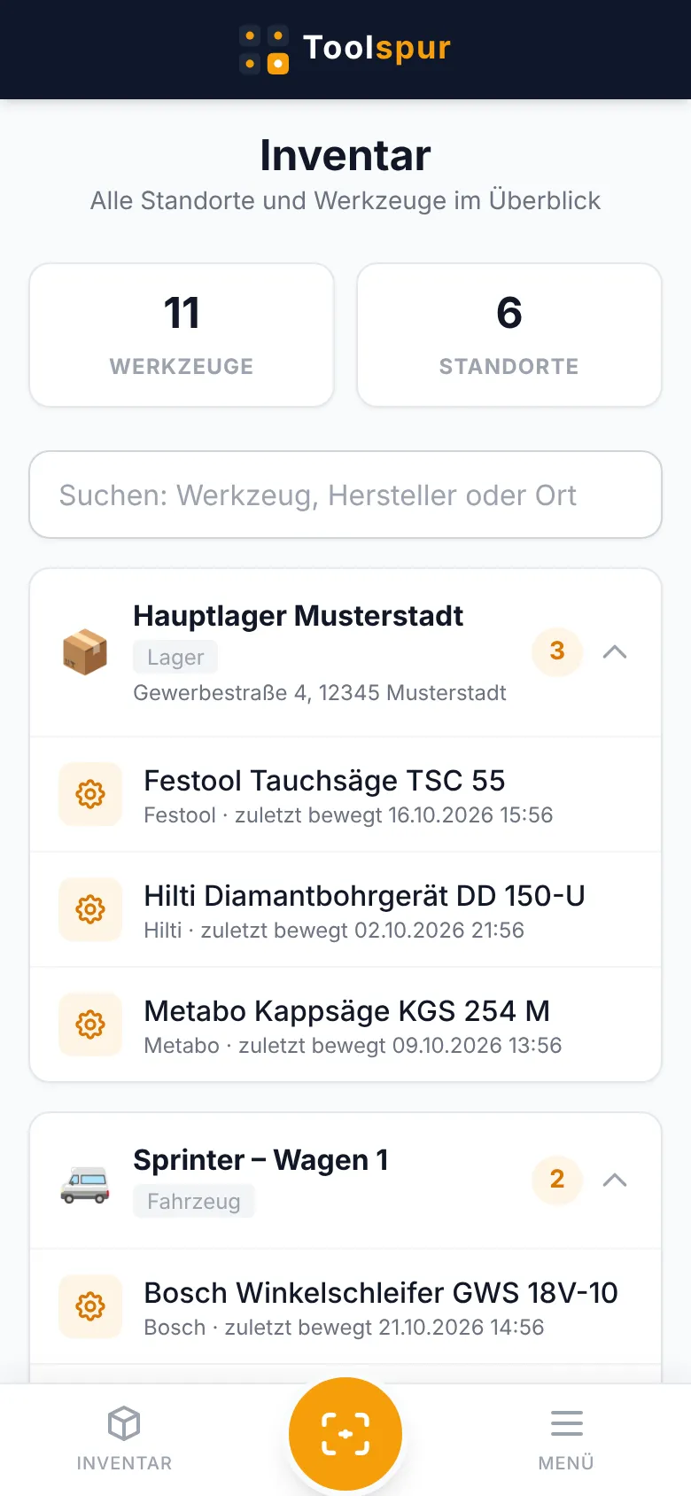 Das Inventar: elf Werkzeuge an sechs Standorten, nach Standort gruppiert, mit Hersteller und Zeitpunkt der letzten Umbuchung.