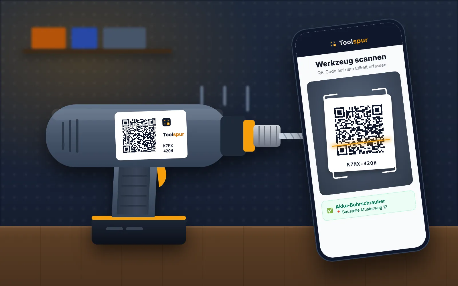 Illustration: Ein Handy mit Toolspur scannt das QR-Etikett auf einer Akku-Bohrmaschine in der Werkstatt und zeigt das Werkzeug mit seinem Standort.